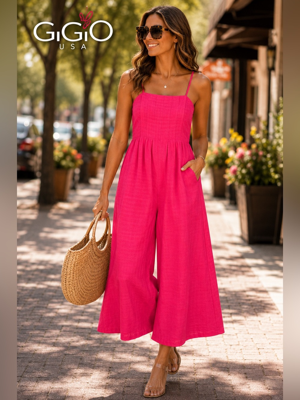 NWT GiGiO Hot Pink Textured Wide Leg Jumpsuit Smocked Back Sleeveless,Size Large